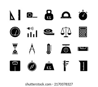 Measurements flat line icons set. Contains such icons stopwatch, scales, draw compass, ruler, measuring tape, sand clock, thermometer. Simple flat vector illustration for web site or mobile app.