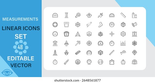 Measurements, size line art icons set. Ruler, scale, protractor, compass and more. Outline vector icon in linear style. Editable stroke. Vector illustration.
