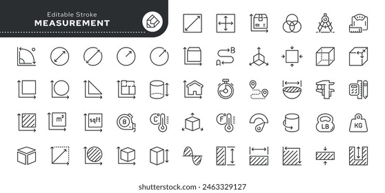  Measurements, size, parameter - series. Set of line icons in linear style. Outline icon collection. Conceptual pictogram and infographic.