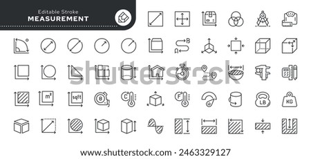  Measurements, size, parameter - series. Set of line icons in linear style. Outline icon collection. Conceptual pictogram and infographic.