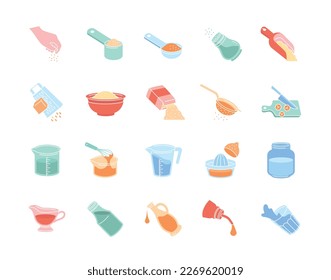 Measures of cooking icons set. Collection of kitchen utensils. Grater, mixer, jug and bottle of liquid. Salt shaker and colander. Cartoon flat vector illustrations isolated on white background