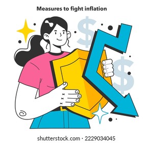 Medidas para combatir la inflación. Métodos de recuperación de crisis económicas. Aumentar los precios y el valor del dinero disminuye. Ilustración vectorial plana