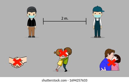 Measures to prevent the spread of corona virus (Covid-19).Keeping a distance of about 2 meters.Should not greet by holding hands,embrace,and kissing.