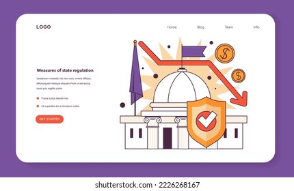 Measures of state regulation. Government actions for financial stabilization due to economic crisis. Money loss and economic activity decline government actions. Flat vector illustration