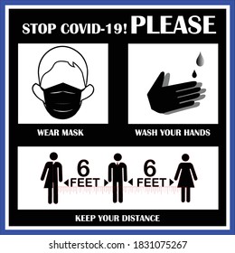Las medidas para detener la propagación del signo COVID-19. Usa máscara. Lávese la mano. Mantén la distancia. El signo obligatorio durante la pandemia del Coronavirus. Fondo negro