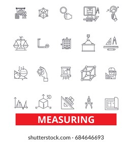 Measuring, amount, distance, quantity, dimension,size,degree,volume,capacity line icons.  Dimension outline signs set. Measuring  icons with editable strokes.