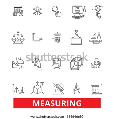 Measuring, amount, distance, quantity, dimension,size,degree,volume,capacity line icons.  Dimension outline signs set. Measuring  icons with editable strokes.