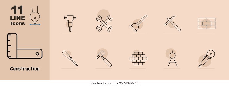 Measuring angle, drill, crossed wrenches, plunger, pickaxe, bricks, screwdriver, hammer, brick wall, compass, grinder. Icons showcase tools and elements used in construction and repair