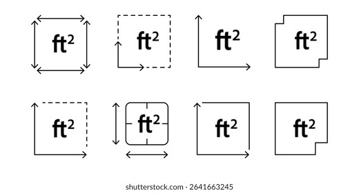 Measuring area in square feet icon with FT2 sign. Floor plan, home layout or land size symbol. Outline vector illustration