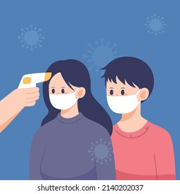 Medición de la temperatura corporal, protección epidémica, COVID-19, ilustración vectorial, traducción china: detección de temperatura comunitaria