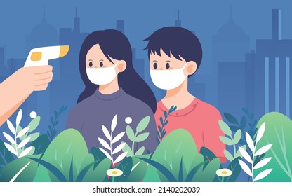 Measuring body temperature, epidemic protection, COVID-19, vector illustration, Chinese translation: community temperature detection