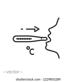 icono de medición de la temperatura corporal, hombre con termómetro en la boca, símbolo web de línea delgada sobre fondo blanco - ilustración del vector de trazo editable eps10