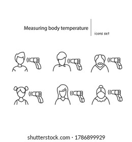 Measuring body temperature icons set. Wireless gun thermometer and persons forehead heat check line pictograms. Concept of covid signs and symptoms control. Editable stroke vector illustrations