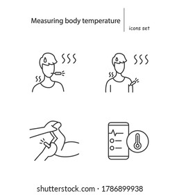 Measuring Body Temperature Icons Set. Linear Pictograms For Person Heat Check And Infant Rectal Temperature Analysis. Self Check And Mobile Body Temperature Chart Illustrations. Editable Stroke Vector