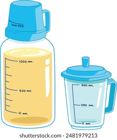 Measuring bottles and measuring cups with lids.