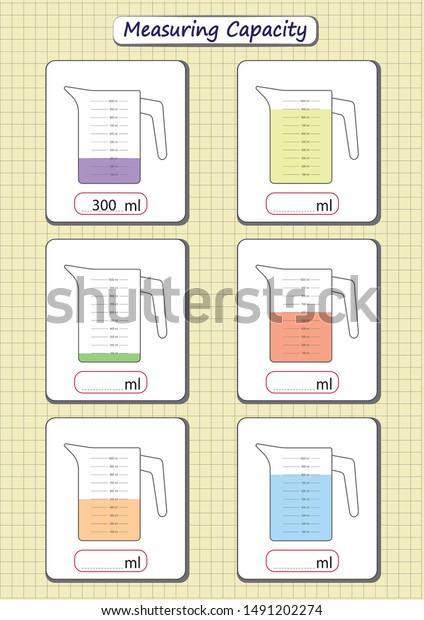 Measuring Capacity Cups Measuring Jugs Worksheet Stock Vector (Royalty