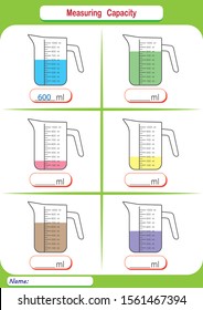 measuring capacity of the cups, liquid, measuring jugs, worksheet for children, practice sheets, mathematics activities.