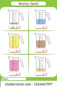 measuring capacity of the cups, liquid, measuring jugs, worksheet for children, practice sheets, mathematics activities.