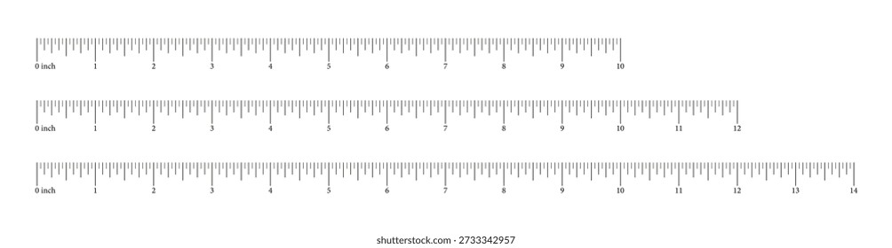 Tabla de medición 10, 12, 14 pulgadas. Regla escala diez, doce, catorce. Conjunto de iconos de herramientas de costura. Duración medida matemática, distancia, altura.
