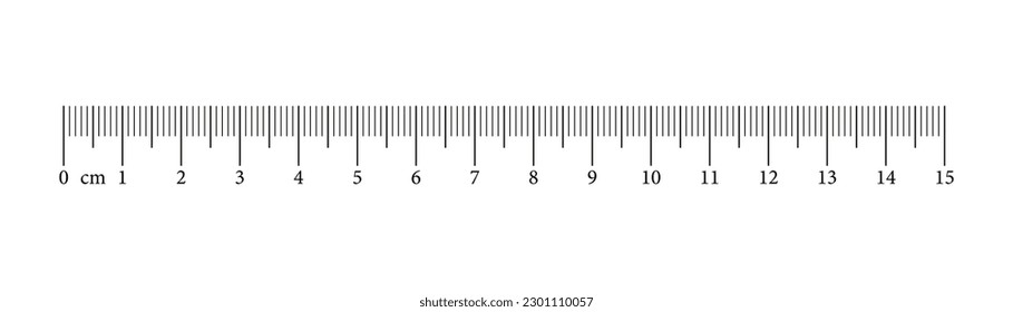 Gráfica de medición con 15 centímetros. Escala de regla con números. Matemáticas de medición de longitud, distancia, altura, herramienta de coser. Ilustración vectorial gráfica.