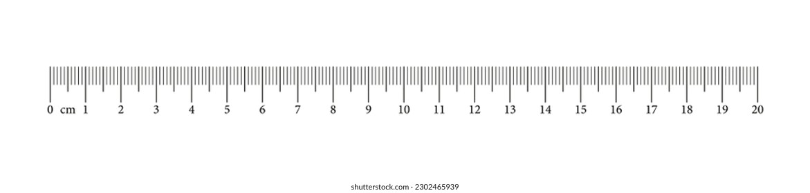 Gráfica de medición con 20 centímetros. Escala de regla con números. Matemáticas de medición de longitud, distancia, altura, herramienta de coser.