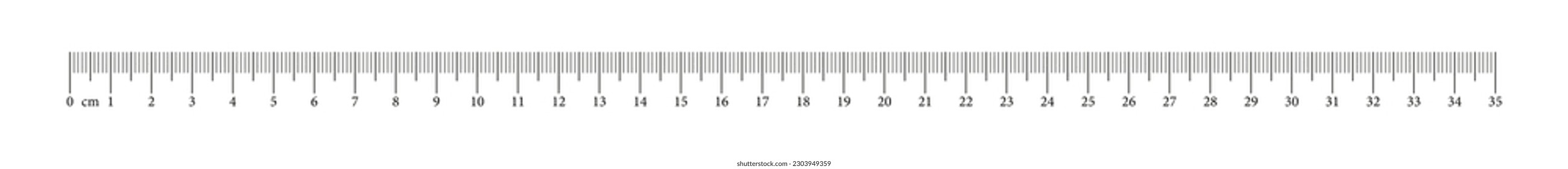 Messdiagramm mit 35 Zentimetern. Lineal skalieren mit Zahlen. Längenmessmathematik, Entfernung, Höhe, Nähwerkzeug. Vektorgrafik.