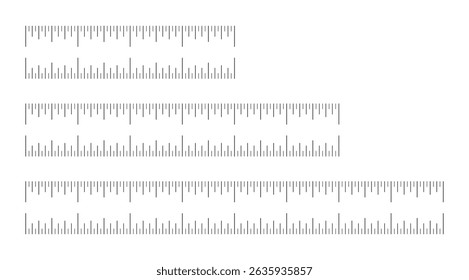 Tabla de medición con 4, 6, 8 pulgadas. Conjunto de escalas de Regla. Maqueta plana de herramienta de costura negra. Duración medida matemática, distancia, patrón de Regla de altura. Ilustración gráfica minimalista.