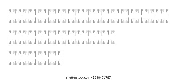 Measuring chart with 4, 8, 12 inches. Set of ruler scales. Black sewing thin tools patterns. Length measurement math, distance, height ruler.