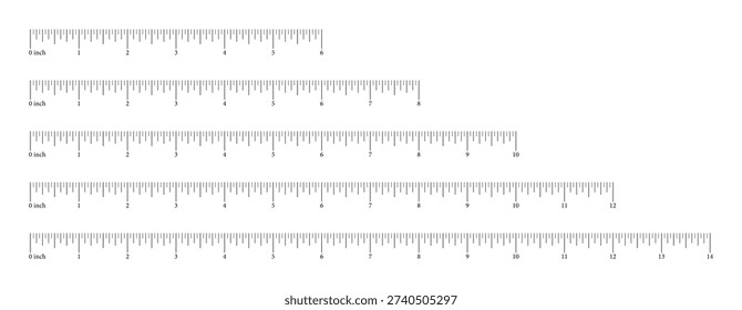 Measuring chart 6, 8, 10, 12, 14 inches. Set of ruler scales six, eight, ten, twelve, fourteen inch. Sewing tool flat black icons. Length measurement math, distance, height simple templates.