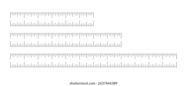 Measuring chart with 6, 8, 12 inches. Ruler scales set. Black sewing tool thin mockup. Length measurement math, distance, height ruler simple pattern.
