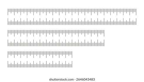 Tabelas de medição de 10,15, 20 centímetros. Length measurement math, distância, altura, ferramentas de costura simples. Conjunto de modelos de escala de réguas sem números.