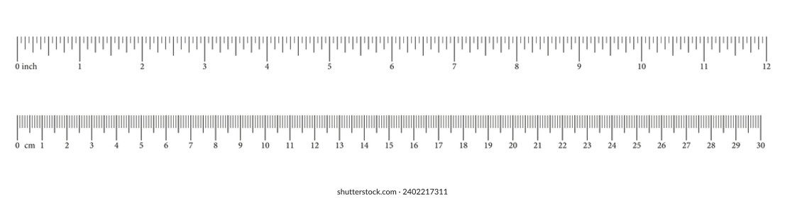 Measuring charts with 30 centimeters, 12 inches. Rulers scale with numbers. Length measurement math, distance, height. Set of sewing tool. Vector illustration.