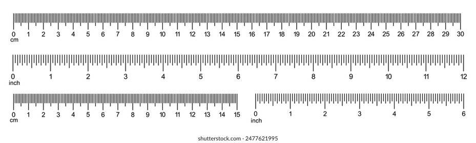 Maßkarten mit 30 Zentimetern, 12 Zoll. Horizontale Skala mit 6 Zoll und 15 Zentimeter Markup und Zahlen. Lineals Zoll und metrische Lineals Vorlage. 