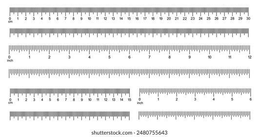 Gráficos de medición con 30 centímetros, 12 pulgadas. Escala Horizontal con marcas y números de 6 pulgadas y 15 centímetros. Reglas Plantilla de Reglas métricas y de pulgadas. 