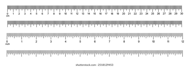 Messkarten mit 30 Zentimetern, 12 Zoll. Lineale Zoll- und metrische Lineale. 