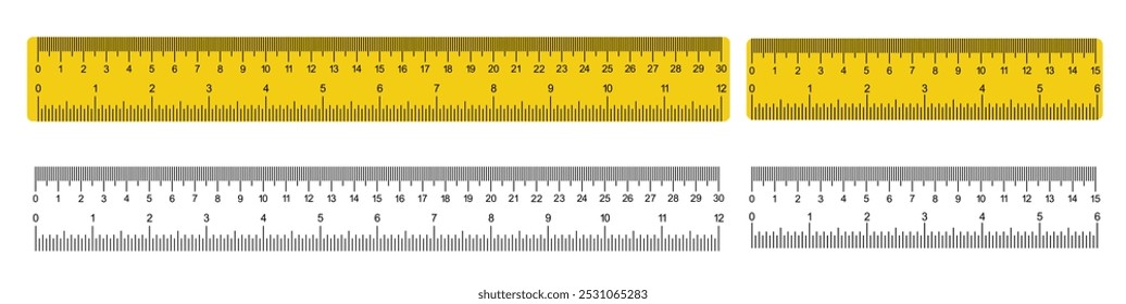 Gráficos de medición con 30 centímetros, 12 pulgadas. Escala Horizontal con marcado y números de 6 pulgadas y 15 centímetros. Reglas Pulgada y Reglas métricas Plantilla. 