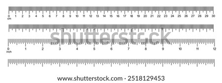 Measuring charts with 30 centimeters, 12 inches. Rulers Inch and metric rulers template. 