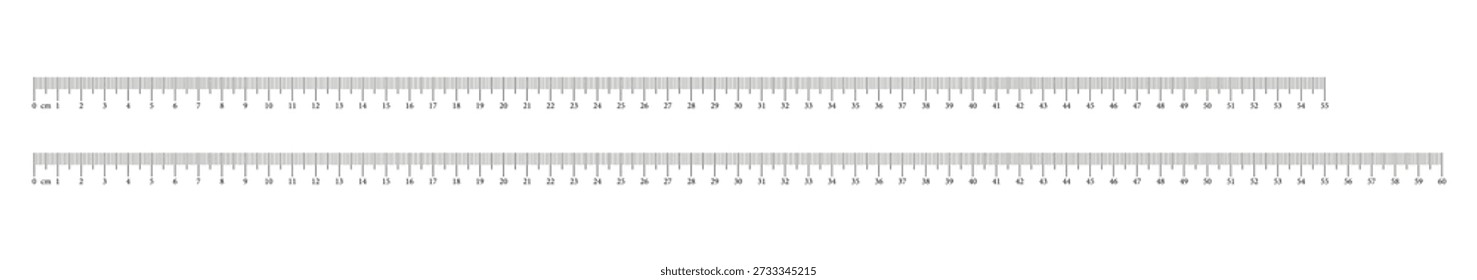Measuring charts 55, 60 centimeters. Ruler scale fifty five, sixty cm with numbers. Length measurement math, distance, height, sewing tool, templates set.	