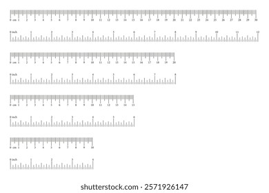 Measuring charts layout. Scale, ruler with markup and numbers, with 4, 6, 8, 12 inches and 10, 15, 20, 30 centimetre. Distance, height, length measurement, sewing tool mockup. Graphic illustration.