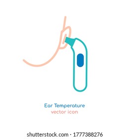 Medición de la temperatura del oído infantil. La forma más exacta de medir. Señal de fiebre. Icono de calor. Concepto médico, de salud, de enfermedades comunes. Ilustración vectorial editable aislada en un fondo blanco.