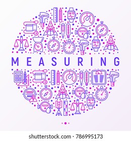 Measuring concept in circle with thin line icons: stopwatch, weight scales, speedometer, smart watch, brass scales, thermometer. Modern vector illustration for web page, banner, print media.