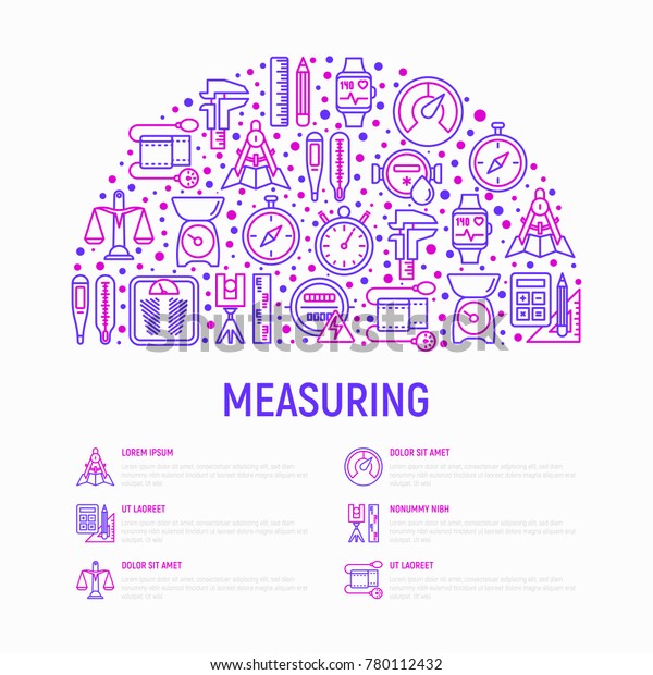 Measuring concept in half circle with thin line\
icons: stopwatch, weight scales, speedometer, smart watch, brass\
scales, thermometer. Modern vector illustration for web page,\
banner, print media.