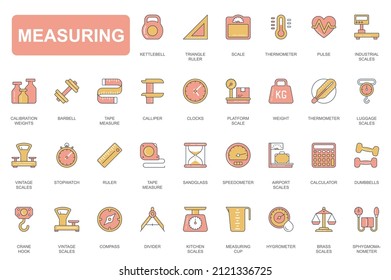 Measuring concept simple line icons set. Pack outline pictograms of kettlebell, ruler, scales, thermometer, clocks, sandglass, compass, divider and other. Vector elements for mobile app and web design