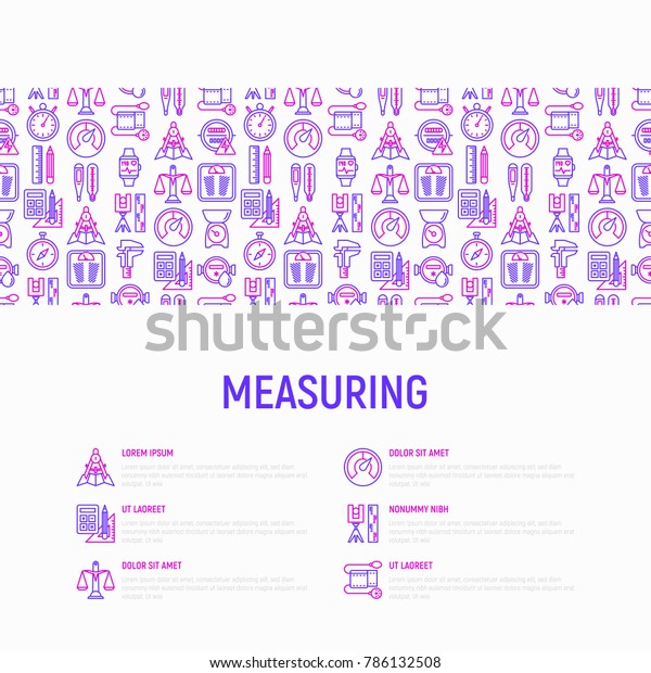 Measuring\
concept with thin line icons: stopwatch, weight scales,\
speedometer, smart watch, brass scales, thermometer. Modern vector\
illustration for web page, banner, print\
media.