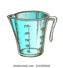 Measuring Cup For Baking And Cooking Color Vector. Domestic Cook Accessory Plastic Cup For Measure Ingredients. Jug Engraving Template Designed In Vintage Style Illustration