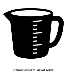 Measuring cup black silhouette icon isolated on white background. The illustration shows a kitchen measuring jug with a pouring spout, side handle, open top rim, vertical measurement scale marks, smooth rounded body, and clean white cutout details for cooking, baking, recipe, kitchen label, sticker, decal, logo, and cutting file designs.