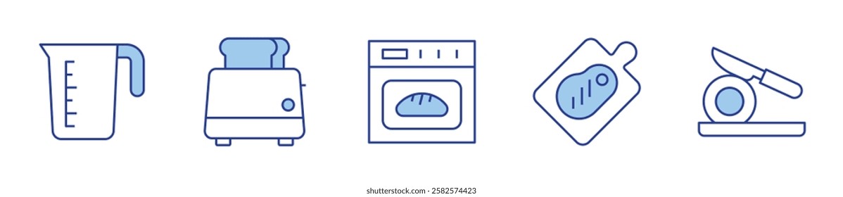 measuring cup, board, toaster, cutting, oven. Cooking Icon vector illustration. Line Duotone style. Editable stroke.