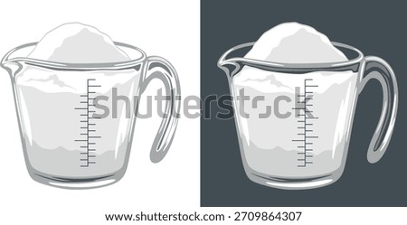 Measuring cup with flour isolated on white and dark. Vector