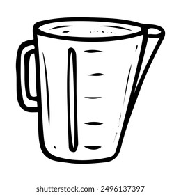 Measuring cup hand drawn doodle. Container for measuring bulk and liquid products and household chemicals. Kitchen or laundry facility. Vector outline line art illustration.