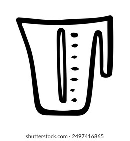 Messbecher handgezeichnetes Doodle. Behälter zur Messung von Schüttgütern und flüssigen Produkten sowie Haushaltschemikalien. Küche oder Waschküche. Illustration für Vektorkonturlinien.